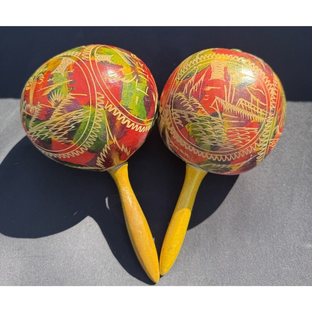 Beautiful Vintage 1940’s Cuban Maracas Hand Painted & Carved Wood